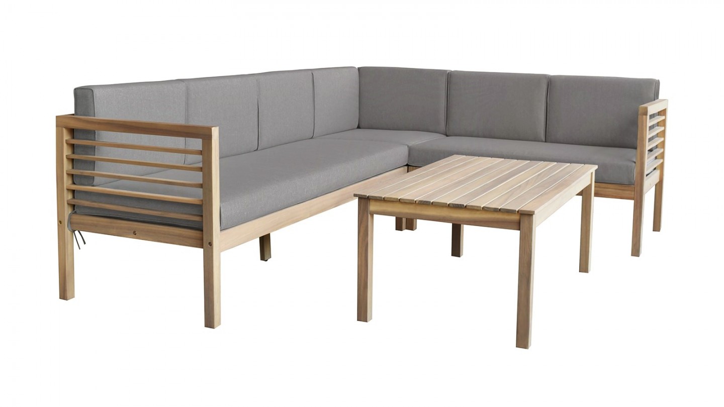 Salon de jardin d'angle 5 places en bois blanchi FSC et coussins gris chiné - Samui