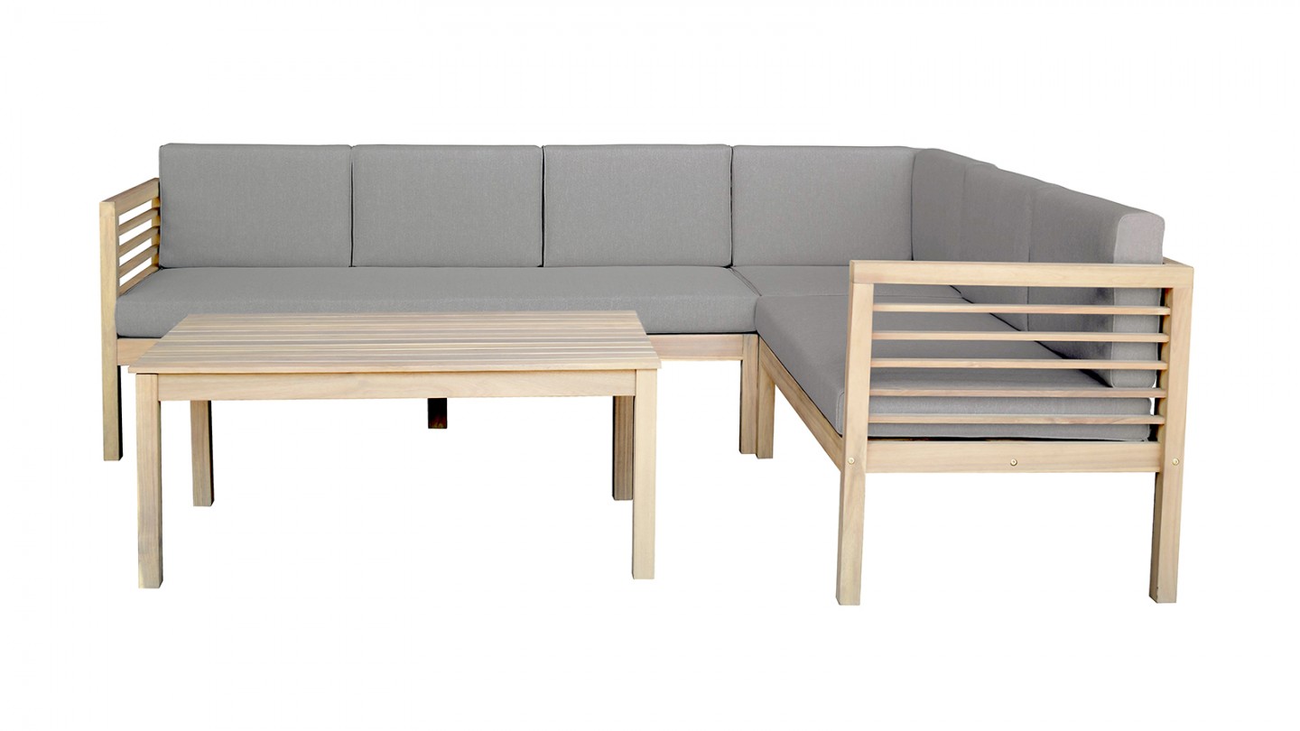 Salon de jardin d'angle 5 places en bois blanchi FSC et coussins gris chiné - Samui