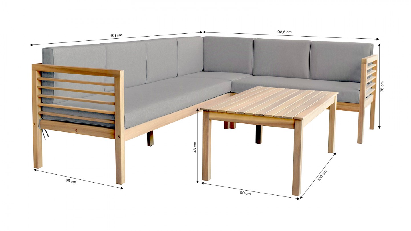 Salon de jardin d'angle 5 places en bois blanchi FSC et coussins gris chiné - Samui