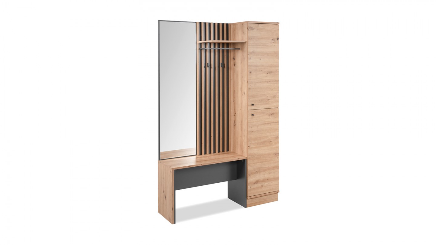 Vestiaire 2 portes avec miroir effet chêne et gris anthracite 122 cm - Flavia