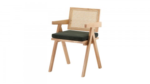Chaise en bois massif, cannage naturel et velours côtelé vert - Lina