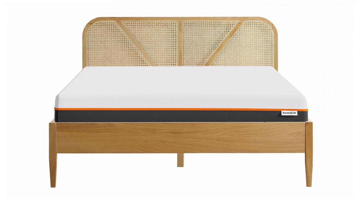 Ensemble lit 140x190 en bois et cannage Leonie + Matelas mousse gel à mémoire de forme, double confort - Dual Confort