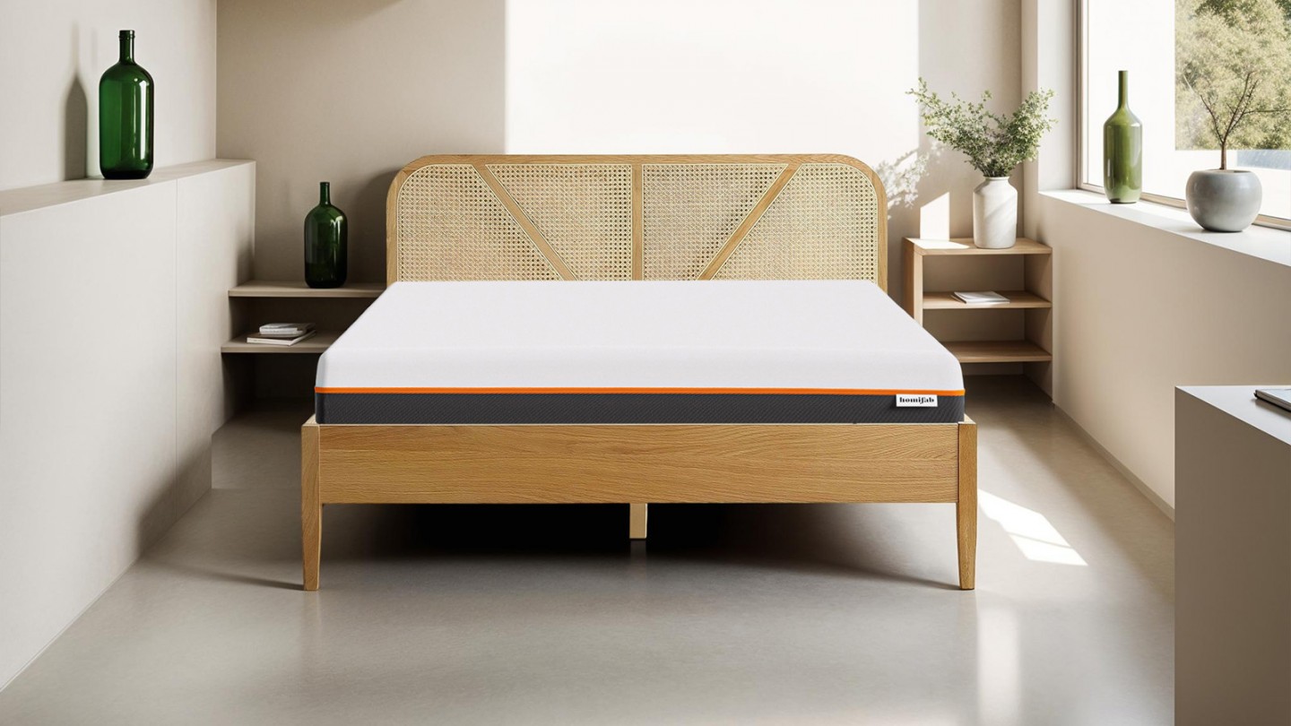 Ensemble lit 140x190 en bois et cannage Leonie + Matelas mousse gel à mémoire de forme, double confort - Dual Confort