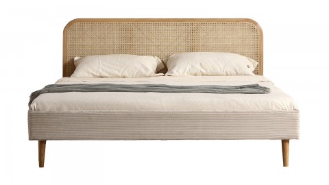 Lit adulte 180x200 cm en velours côtelé beige avec tête de lit en cannage - Dalia