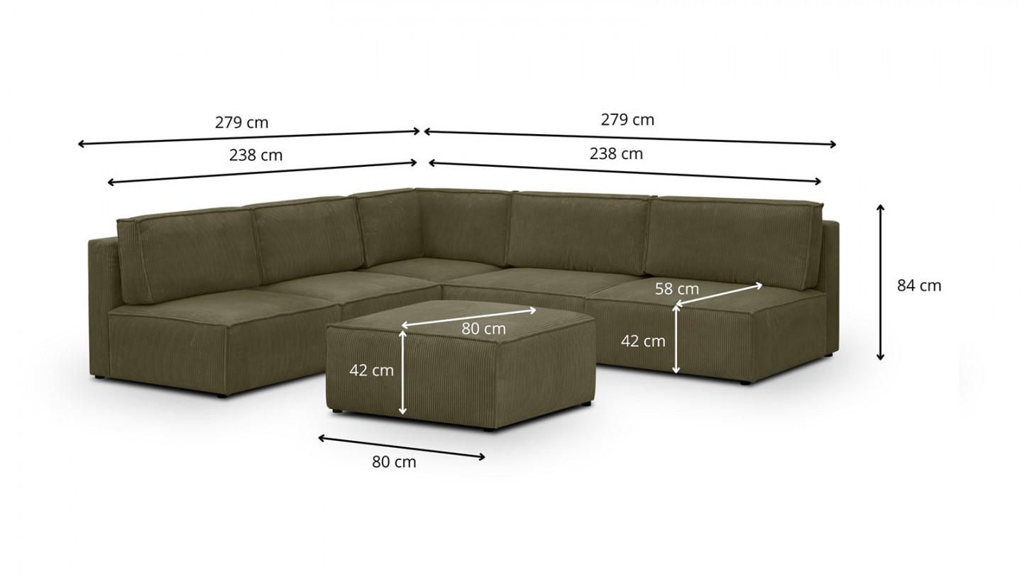 Canapé d'angle à gauche modulable 8 places avec pouf en velours côtelé vert kaki - Harper Mod