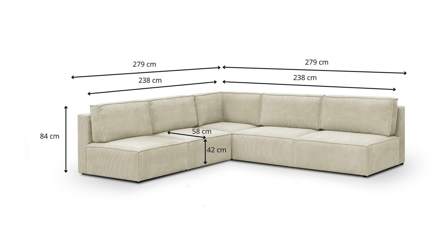 Canapé d'angle à gauche modulable 8 places en velours côtelé beige - Harper Mod