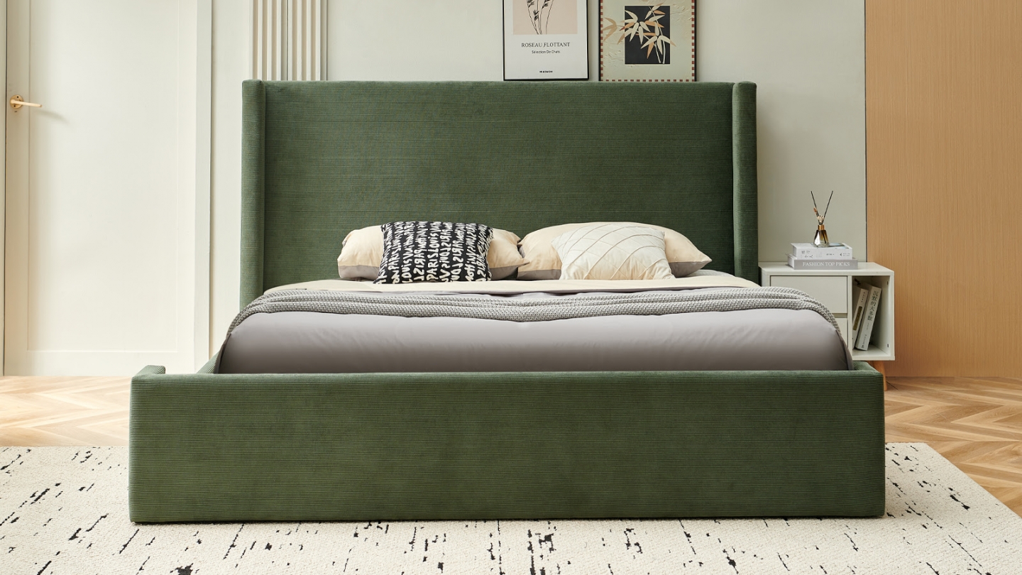 Lit coffre adulte 160x200 cm avec tête de lit capitonnée en velours côtelé vert kaki - Elma