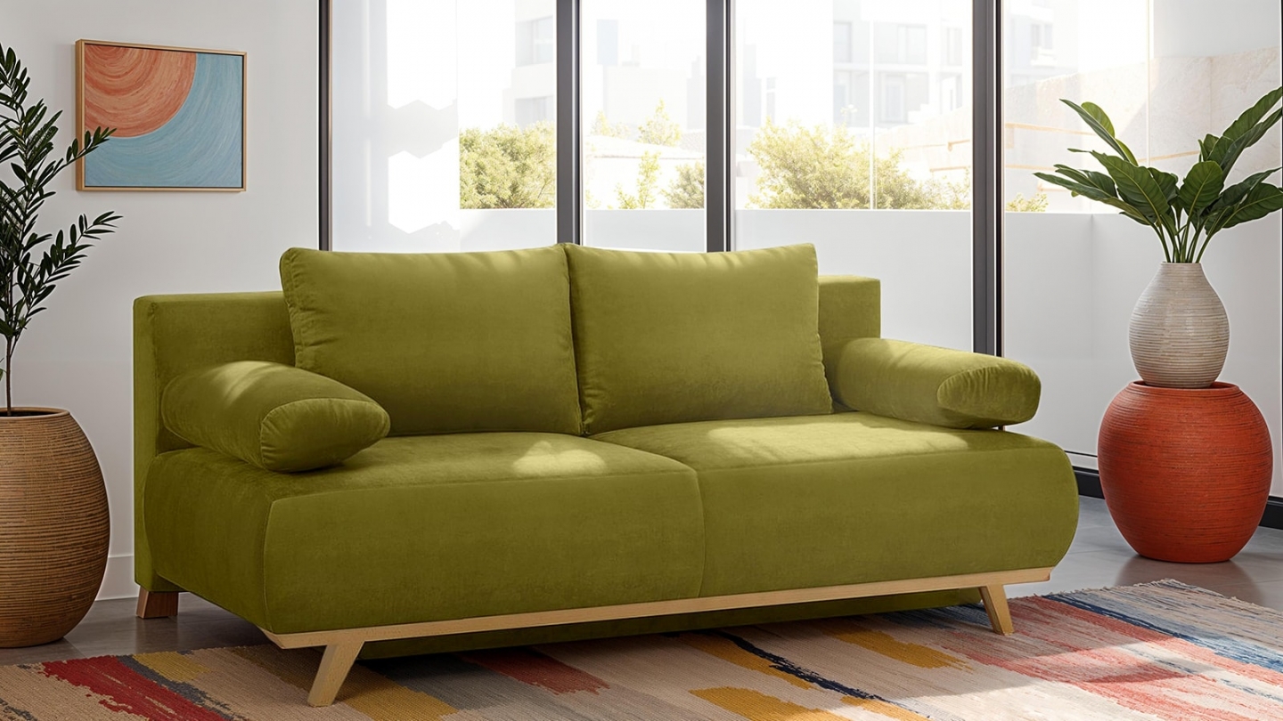 Canapé convertible 3 places avec coffre de rangement en velours vert olive - Collection Laria