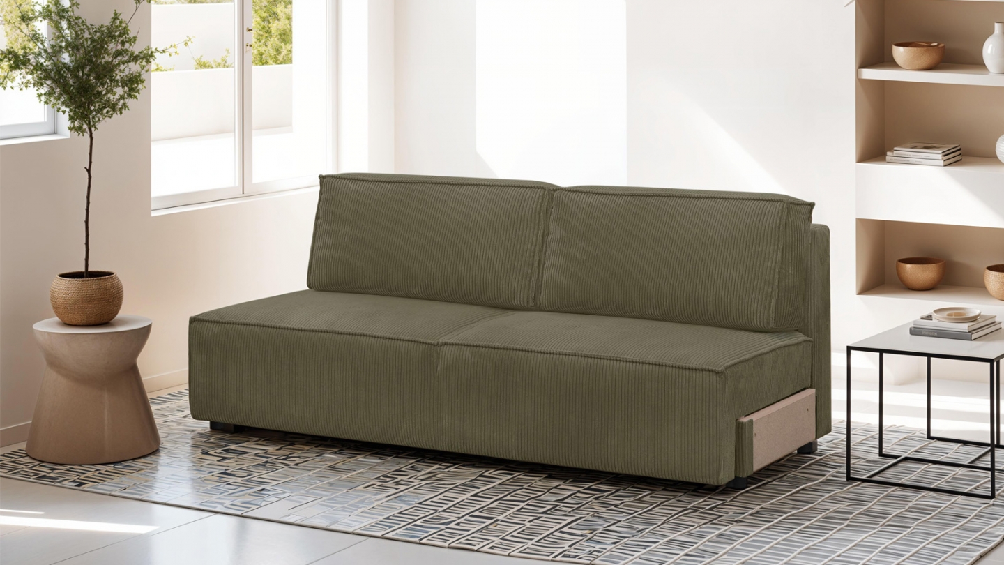 Module canapé convertible 2 places avec coffre de rangement en velours côtelé vert kaki - Harper Mod