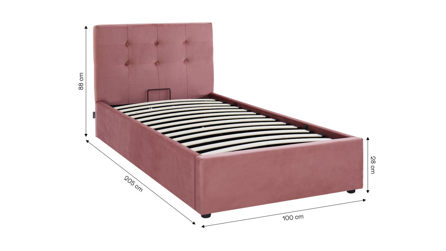 Lit coffre adulte 90x190 cm avec tête de lit capitonnée en velours rose et sommier - Tina