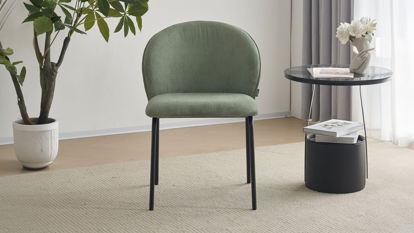 Lot de 2 chaises de salle à manger en velours côtelé vert kaki - piètement en métal noir - Noé