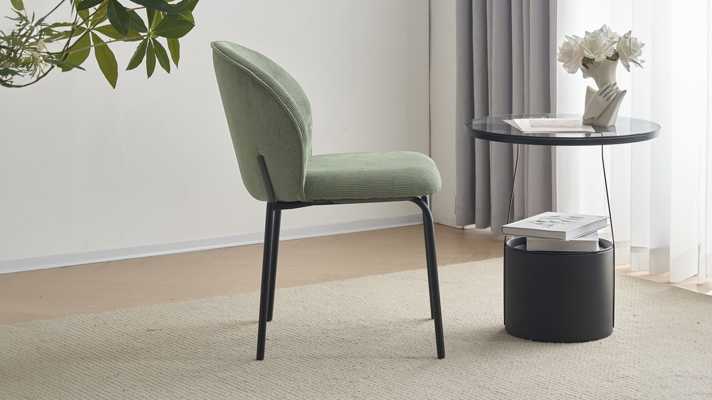 Lot de 2 chaises de salle à manger en velours côtelé vert kaki - piètement en métal noir - Noé