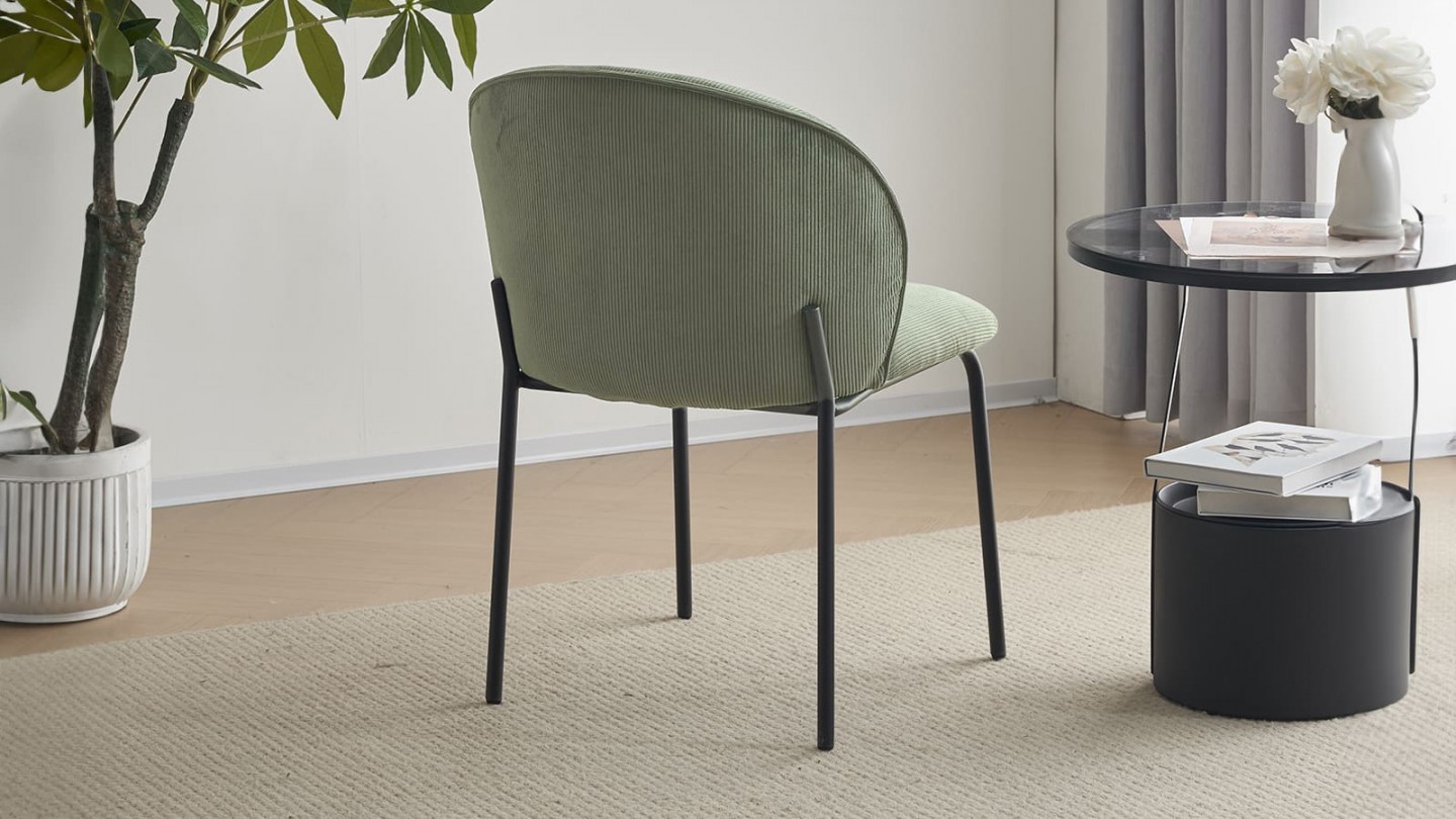 Lot de 2 chaises de salle à manger en velours côtelé vert kaki - piètement en métal noir - Noé