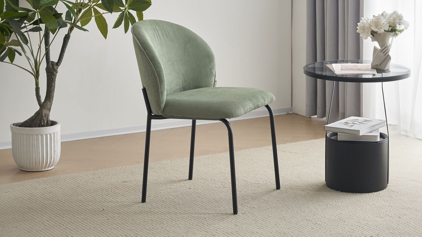 Lot de 2 chaises de salle à manger en velours côtelé vert kaki - piètement en métal noir - Noé