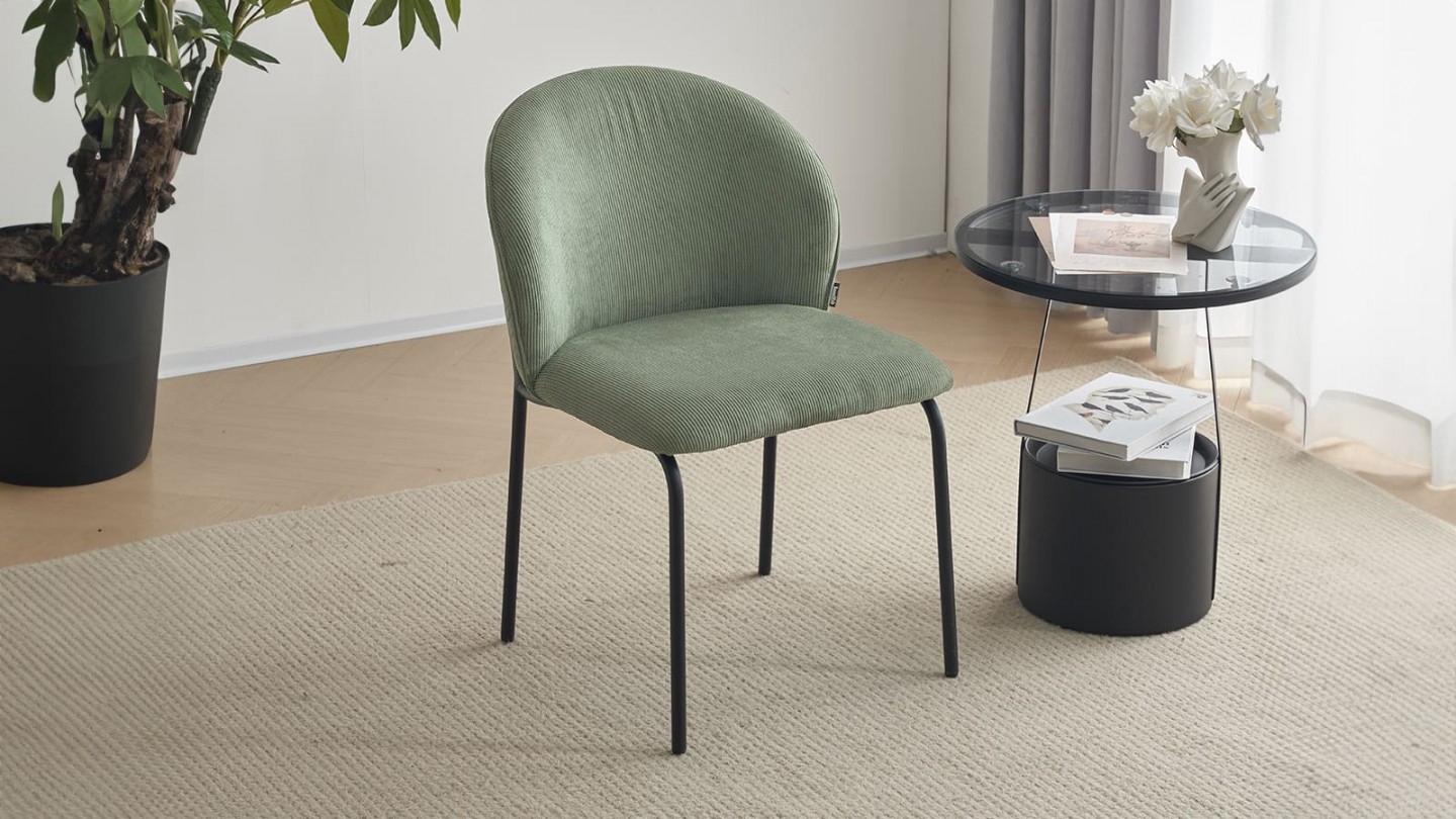 Lot de 2 chaises de salle à manger en velours côtelé vert kaki - piètement en métal noir - Noé