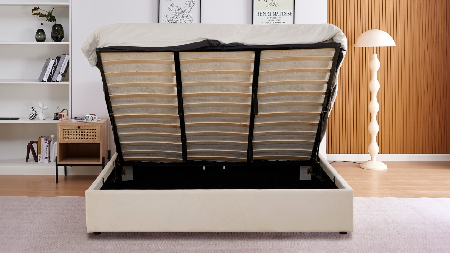Lit coffre adulte 180x200 cm avec tête le lit matelassée en velours beige - Suzon