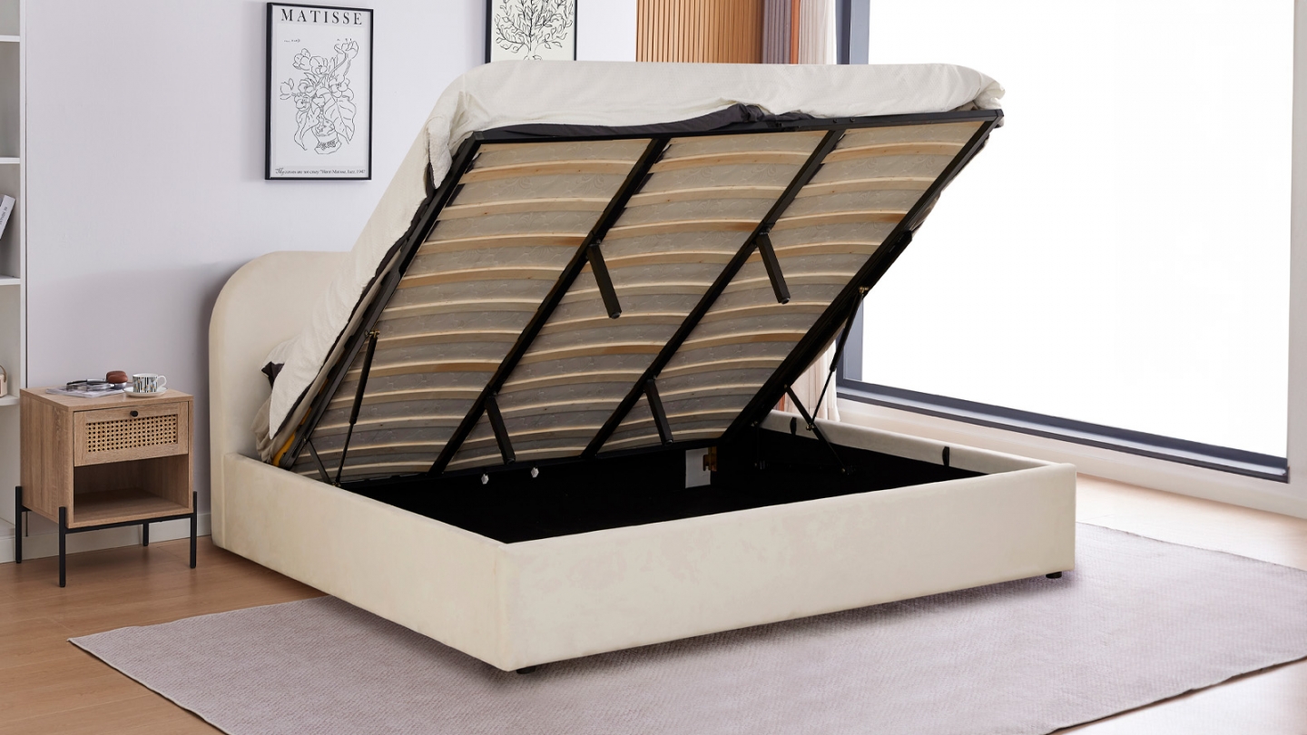 Lit coffre adulte 180x200 cm avec tête le lit matelassée en velours beige - Suzon