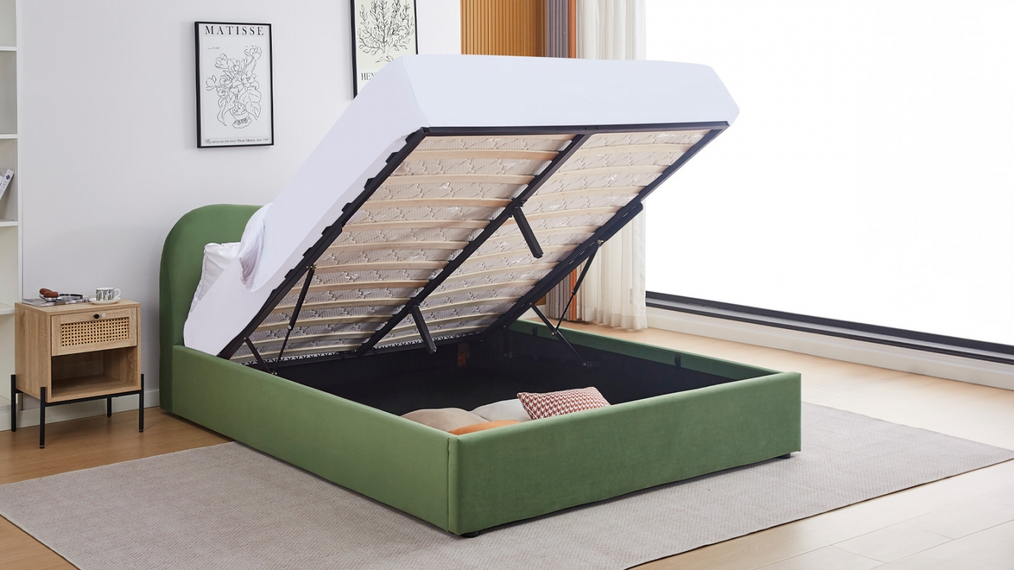 Lit coffre adulte 140x190 cm avec tête le lit matelassée en velours vert clair - Suzon