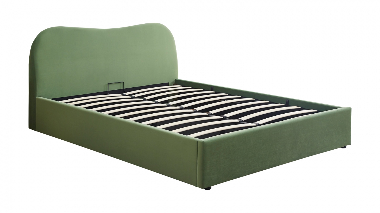 Lit coffre adulte 140x190 cm avec tête le lit matelassée en velours vert clair - Suzon