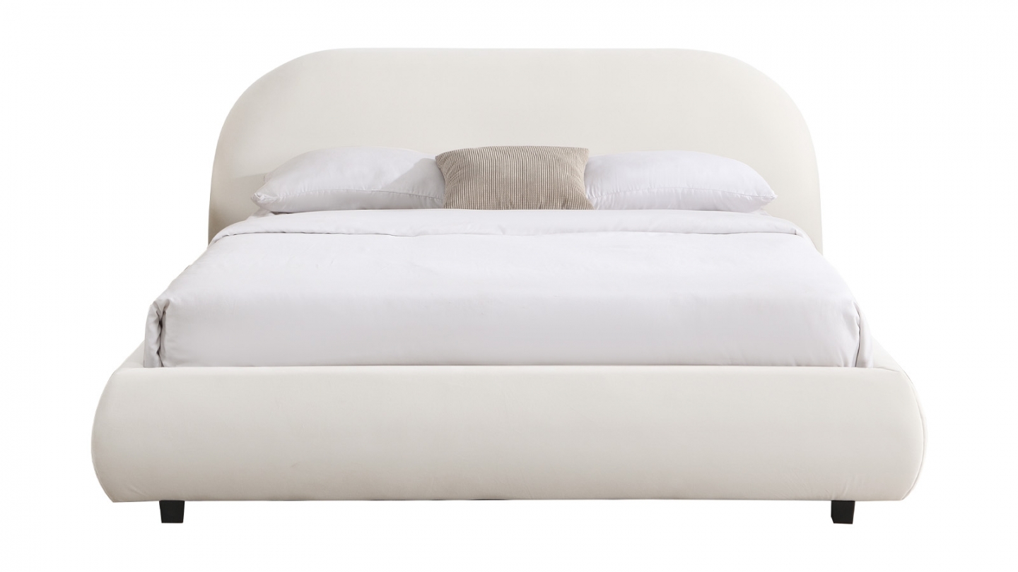 Lit adulte 140x190 cm avec sommier et tête de lit matelassée en velours beige - Maddie