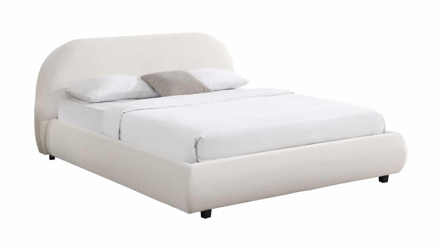 Lit adulte 140x190 cm avec sommier et tête de lit matelassée en velours beige - Maddie