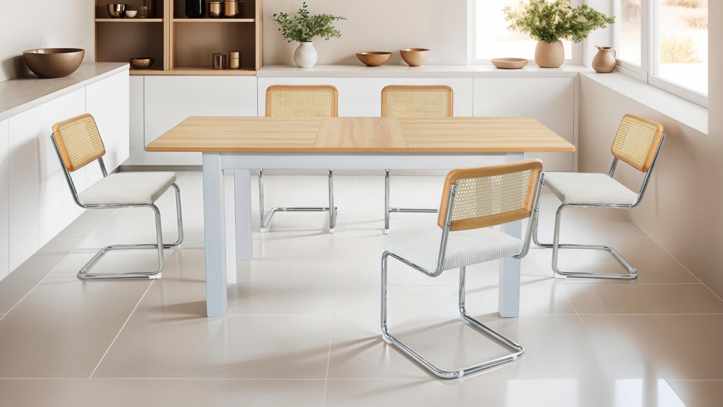Table à manger extensible effet bois, piètement blanc 140/180 cm - Lexi