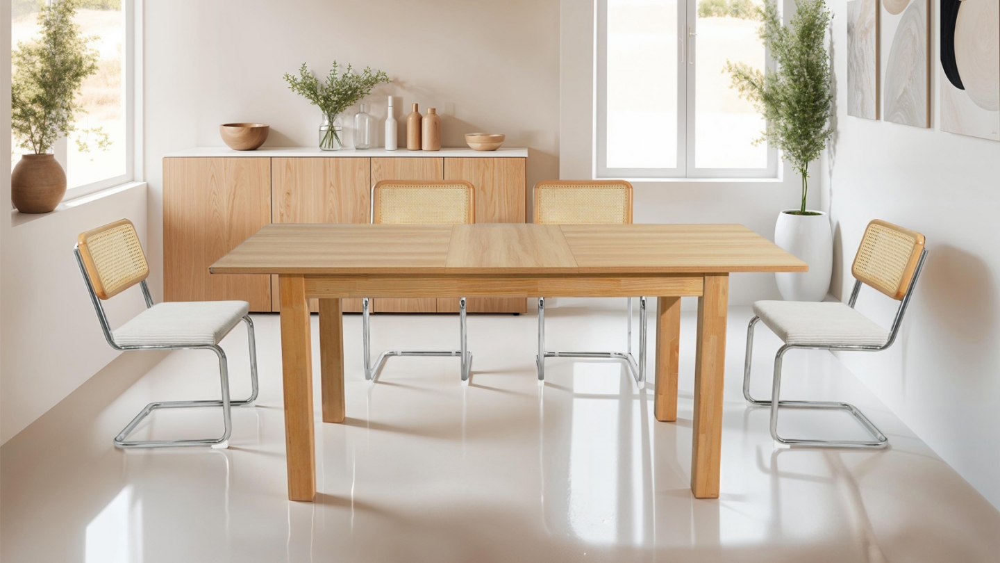 Table à manger extensible effet bois, piètement bois 140/180 cm - Lexi