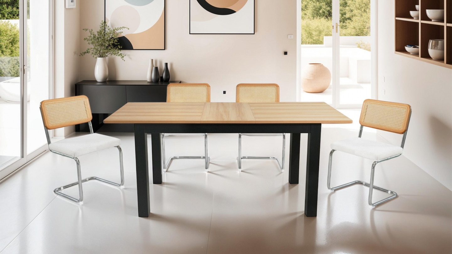 Table à manger extensible effet bois, piètement noir 140/180 cm - Lexi