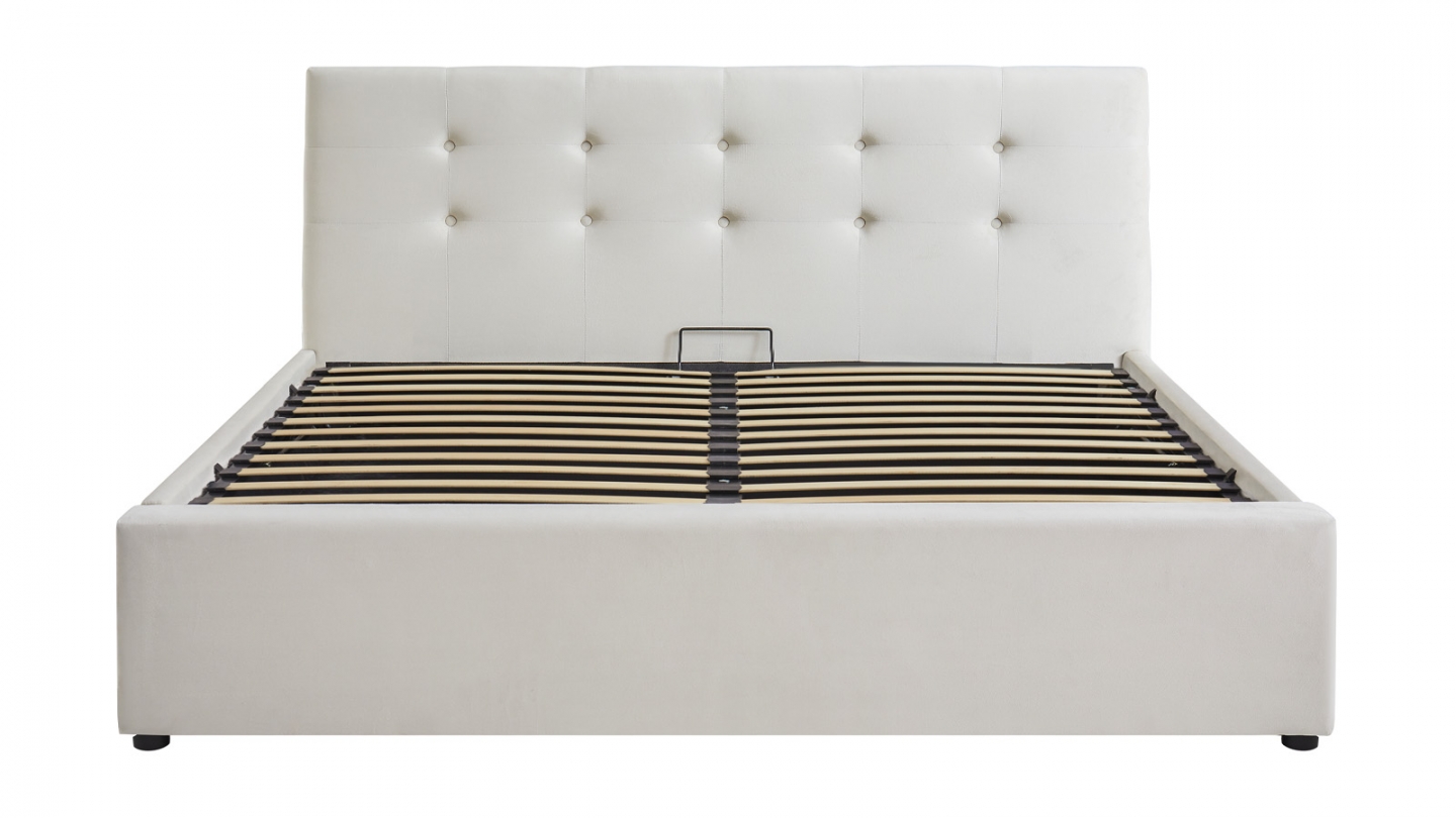 Lit coffre adulte 160x200 cm avec tête de lit capitonnée en velours beige et sommier - Tina
