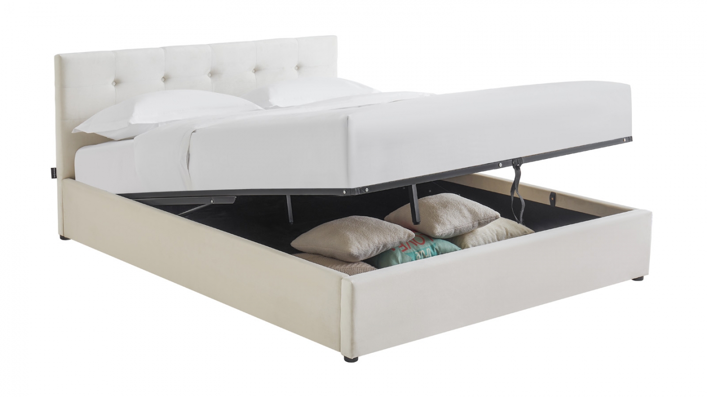 Lit coffre adulte 160x200 cm avec tête de lit capitonnée en velours beige et sommier - Tina