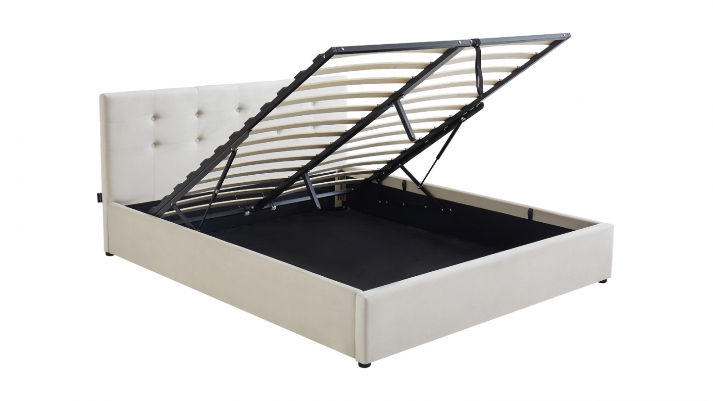 Lit coffre adulte 160x200 cm avec tête de lit capitonnée en velours beige et sommier - Tina
