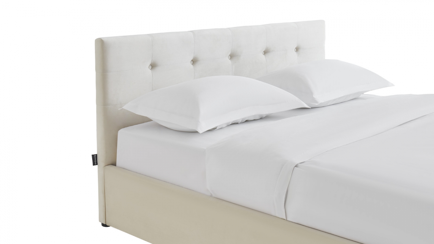 Lit coffre adulte 160x200 cm avec tête de lit capitonnée en velours beige et sommier - Tina