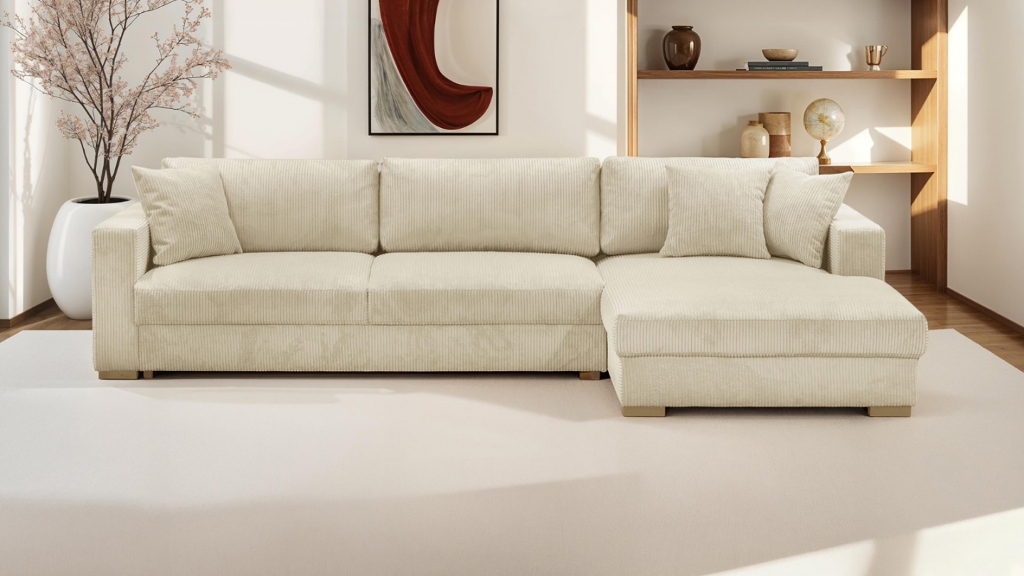 Canapé d'angle droit convertible 5 places en velours côtelé beige avec coffre de rangement - Collection Robin