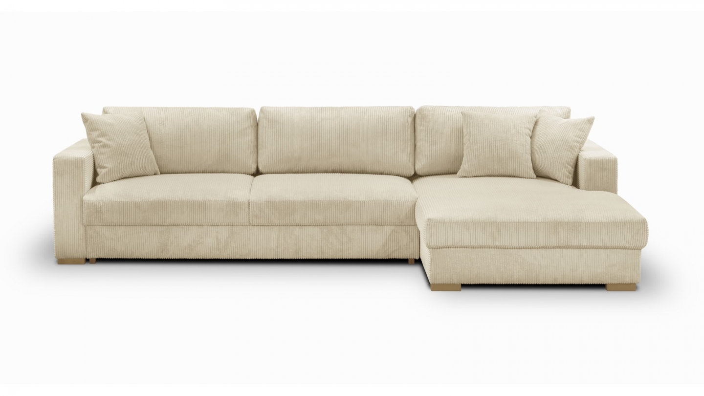 Canapé d'angle droit convertible 5 places en velours côtelé beige avec coffre de rangement - Collection Robin