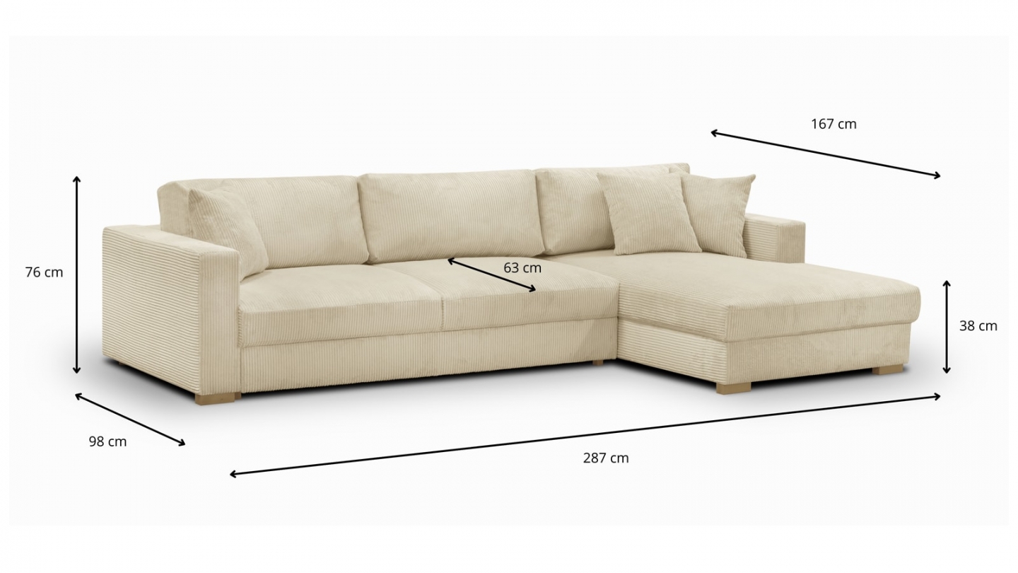 Canapé d'angle droit convertible 5 places en velours côtelé beige avec coffre de rangement - Collection Robin