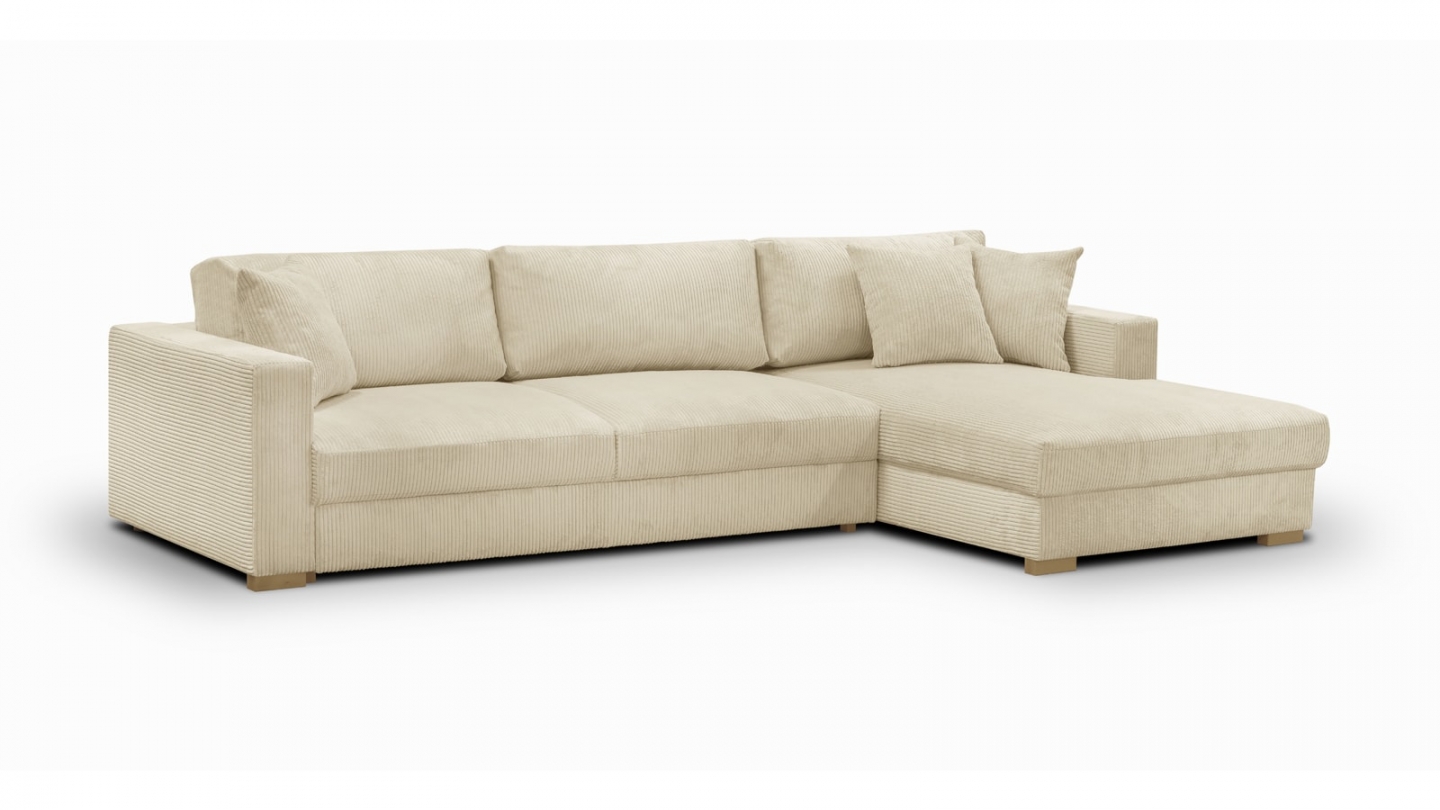 Canapé d'angle droit convertible 5 places en velours côtelé beige avec coffre de rangement - Collection Robin