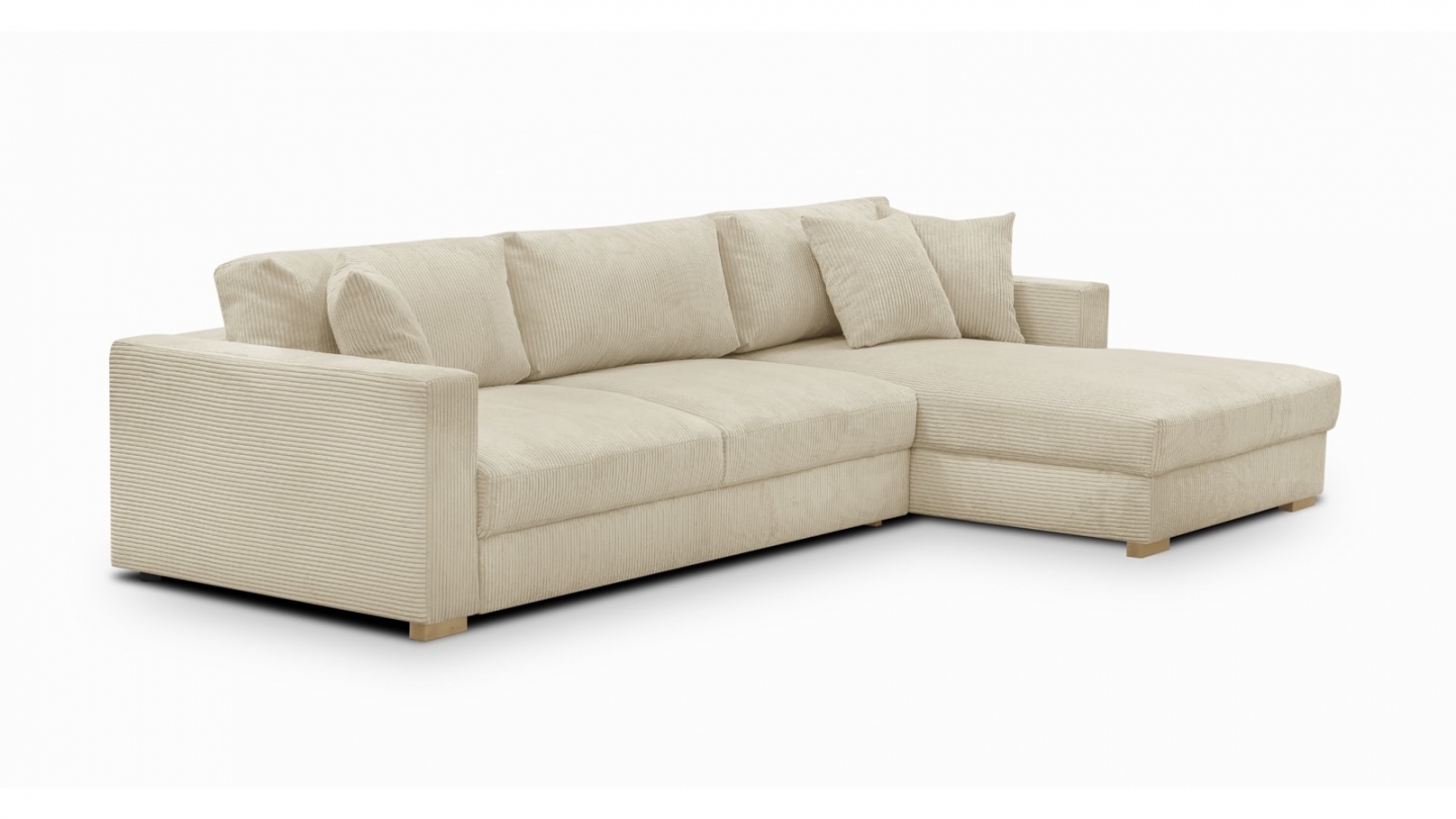 Canapé d'angle droit convertible 5 places en velours côtelé beige avec coffre de rangement - Collection Robin
