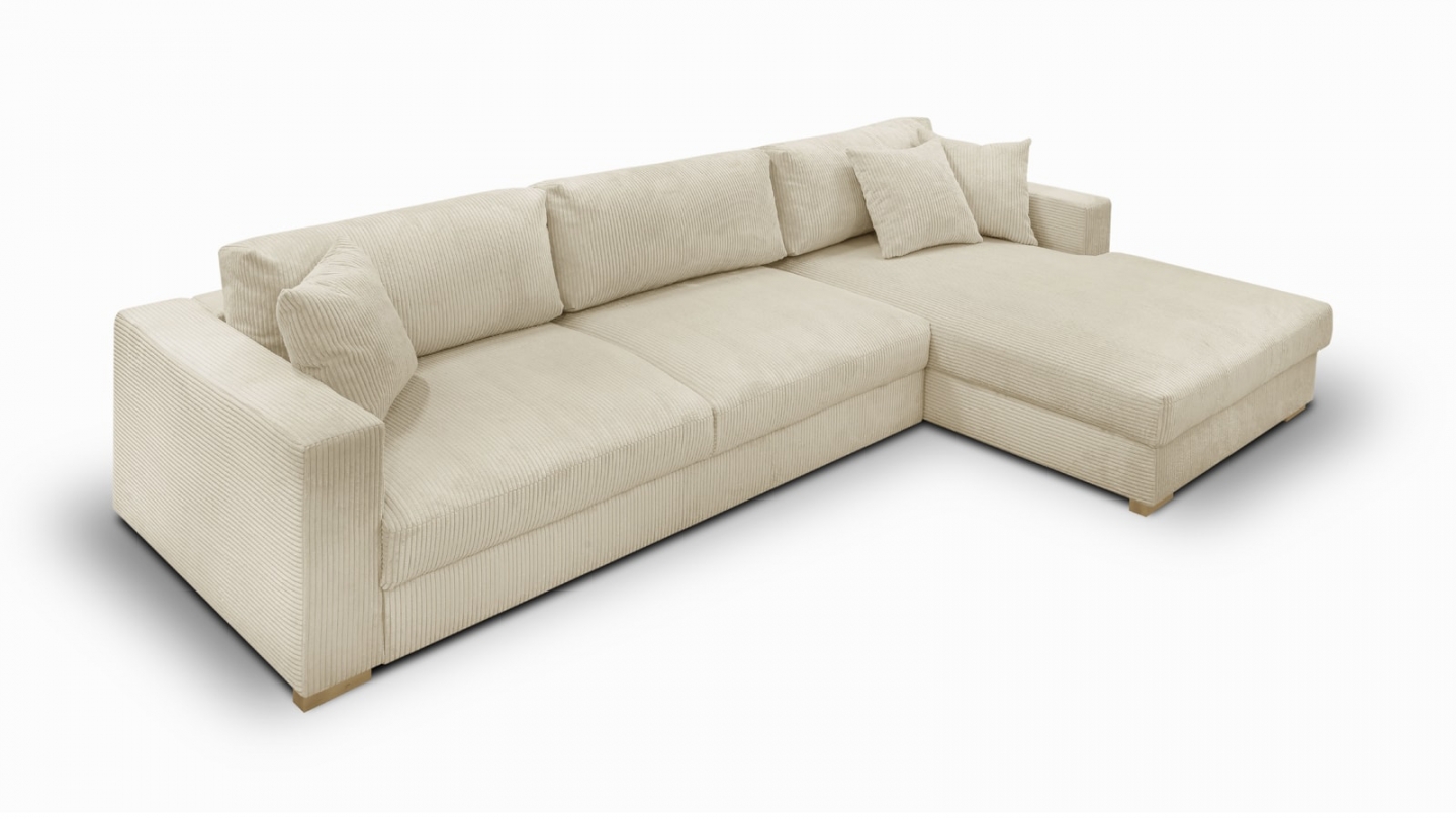 Canapé d'angle droit convertible 5 places en velours côtelé beige avec coffre de rangement - Collection Robin