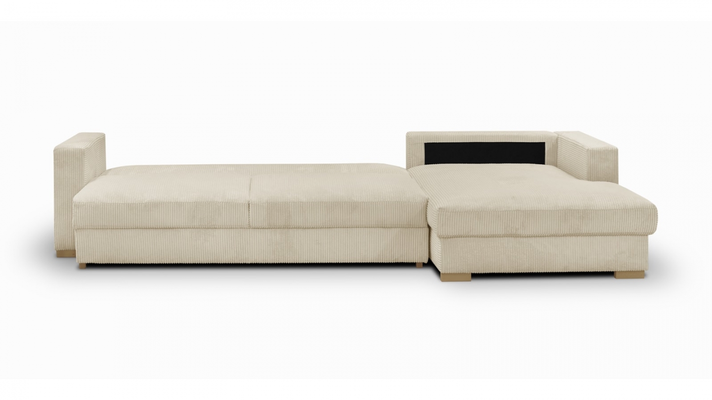 Canapé d'angle droit convertible 5 places en velours côtelé beige avec coffre de rangement - Collection Robin