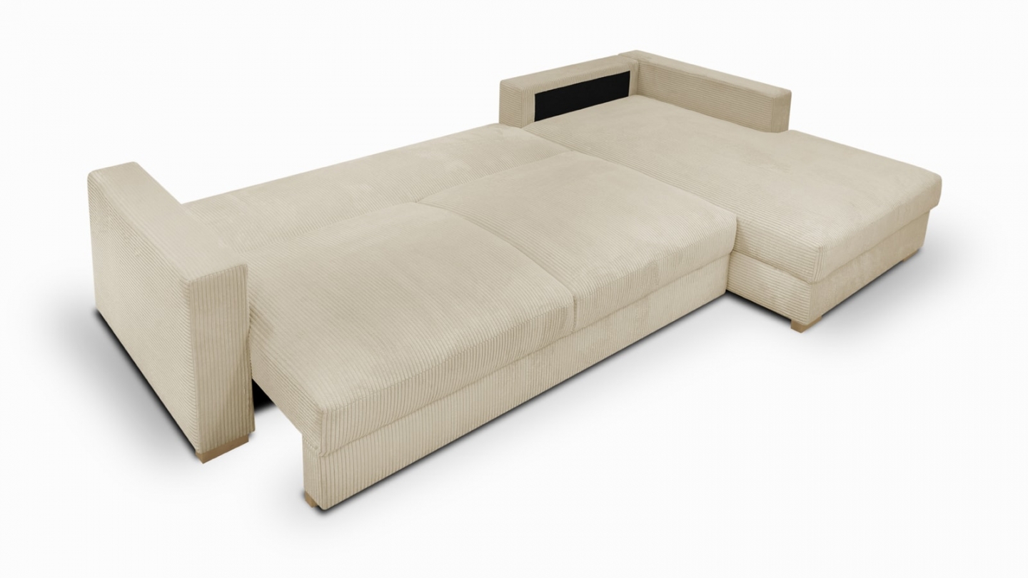 Canapé d'angle droit convertible 5 places en velours côtelé beige avec coffre de rangement - Collection Robin