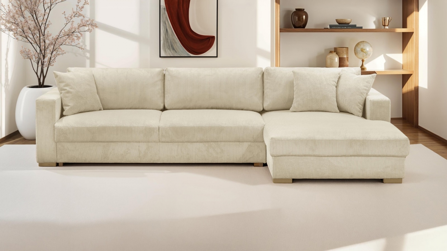 Canapé d'angle gauche convertible 5 places en velours côtelé beige avec coffre de rangement - Collection Robin