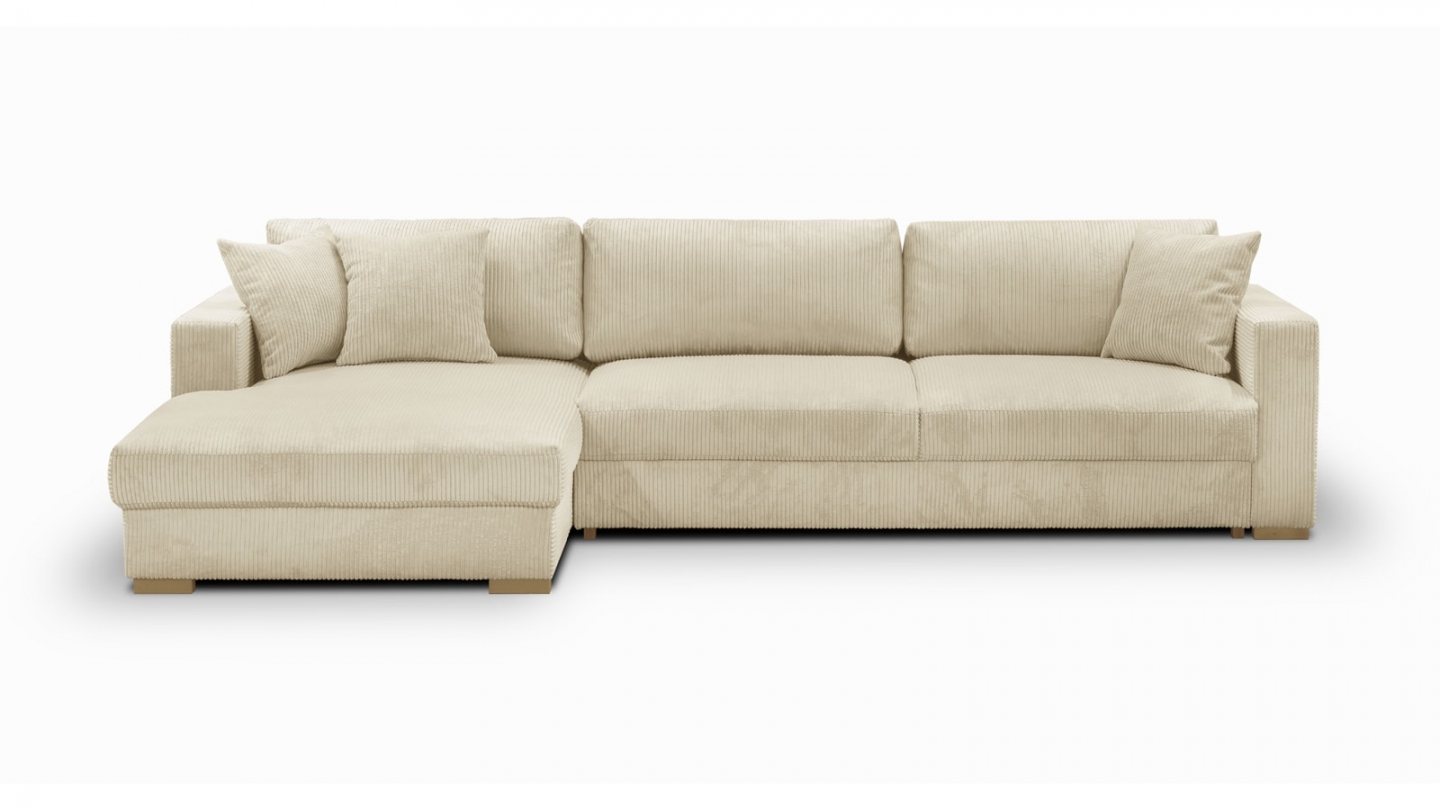 Canapé d'angle gauche convertible 5 places en velours côtelé beige avec coffre de rangement - Collection Robin