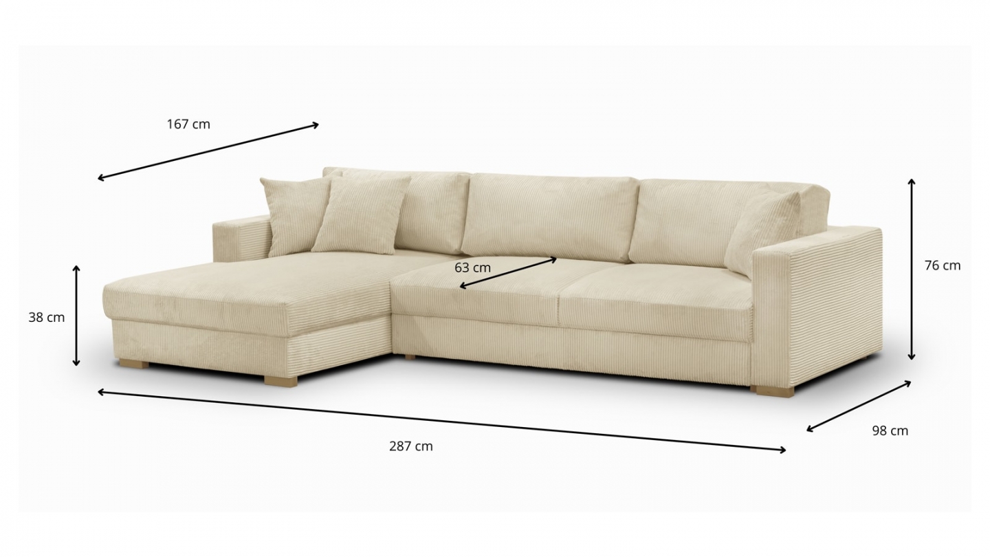 Canapé d'angle gauche convertible 5 places en velours côtelé beige avec coffre de rangement - Collection Robin