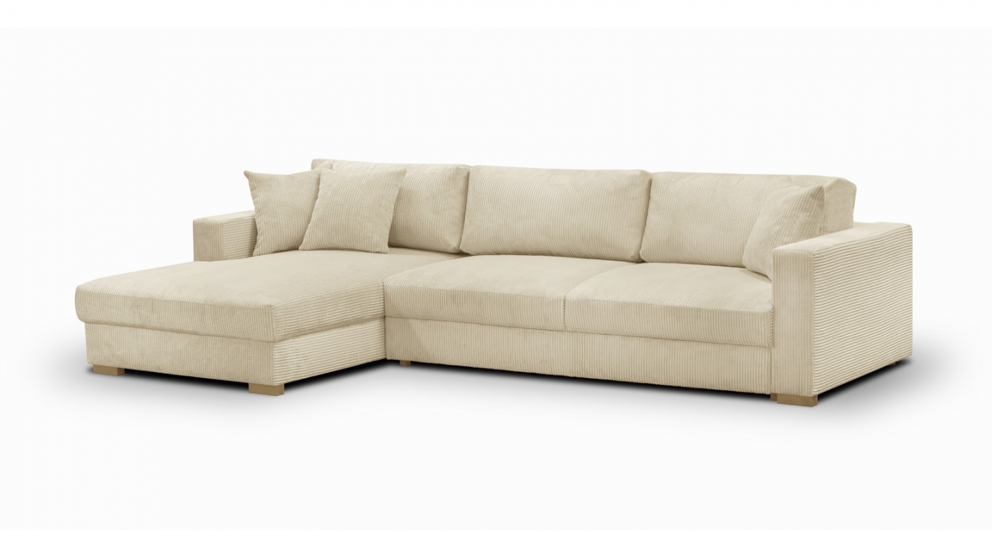 Canapé d'angle gauche convertible 5 places en velours côtelé beige avec coffre de rangement - Collection Robin