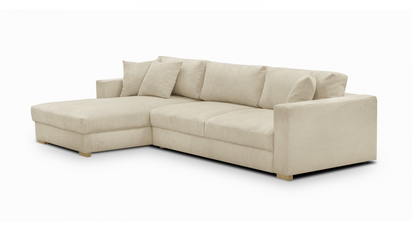 Canapé d'angle gauche convertible 5 places en velours côtelé beige avec coffre de rangement - Collection Robin