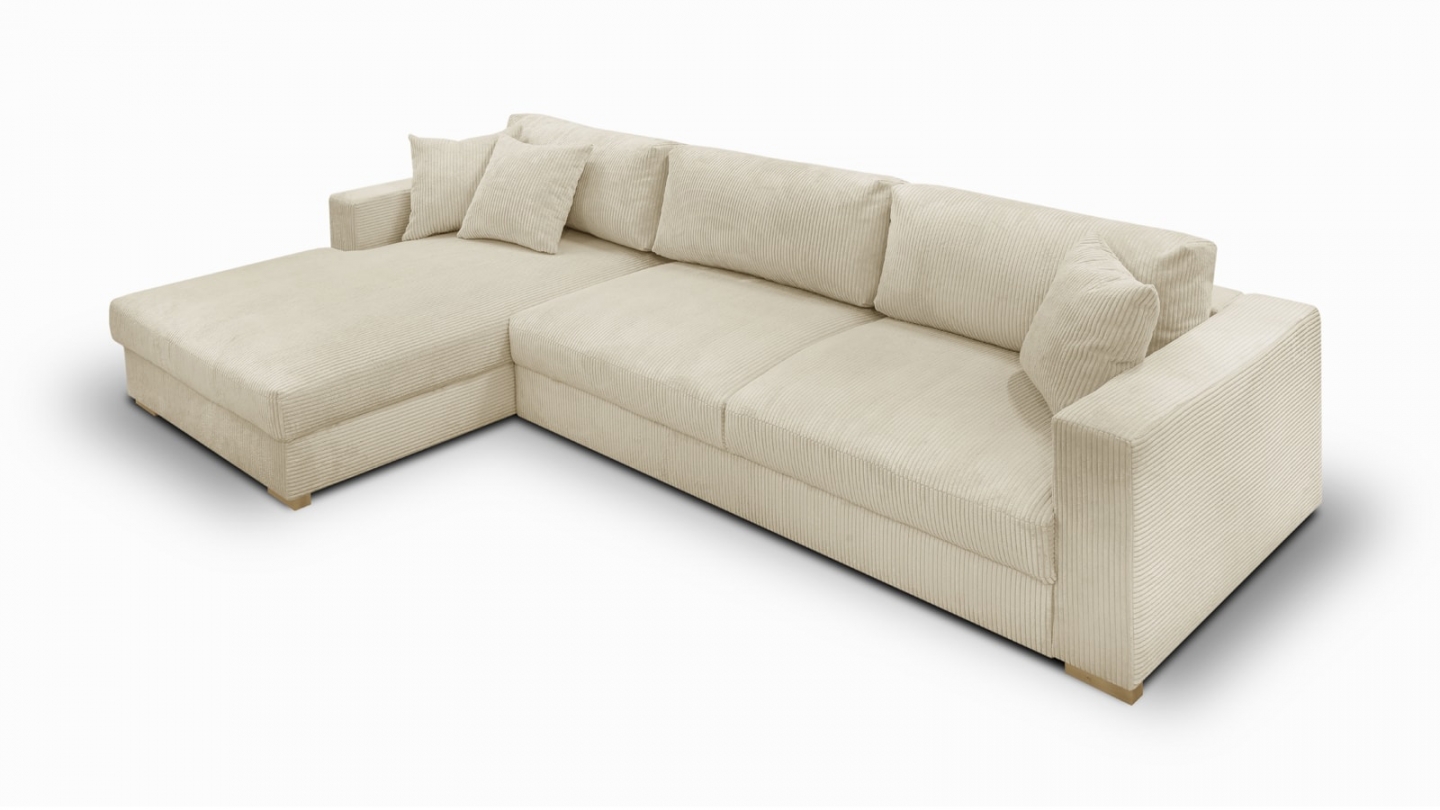 Canapé d'angle gauche convertible 5 places en velours côtelé beige avec coffre de rangement - Collection Robin