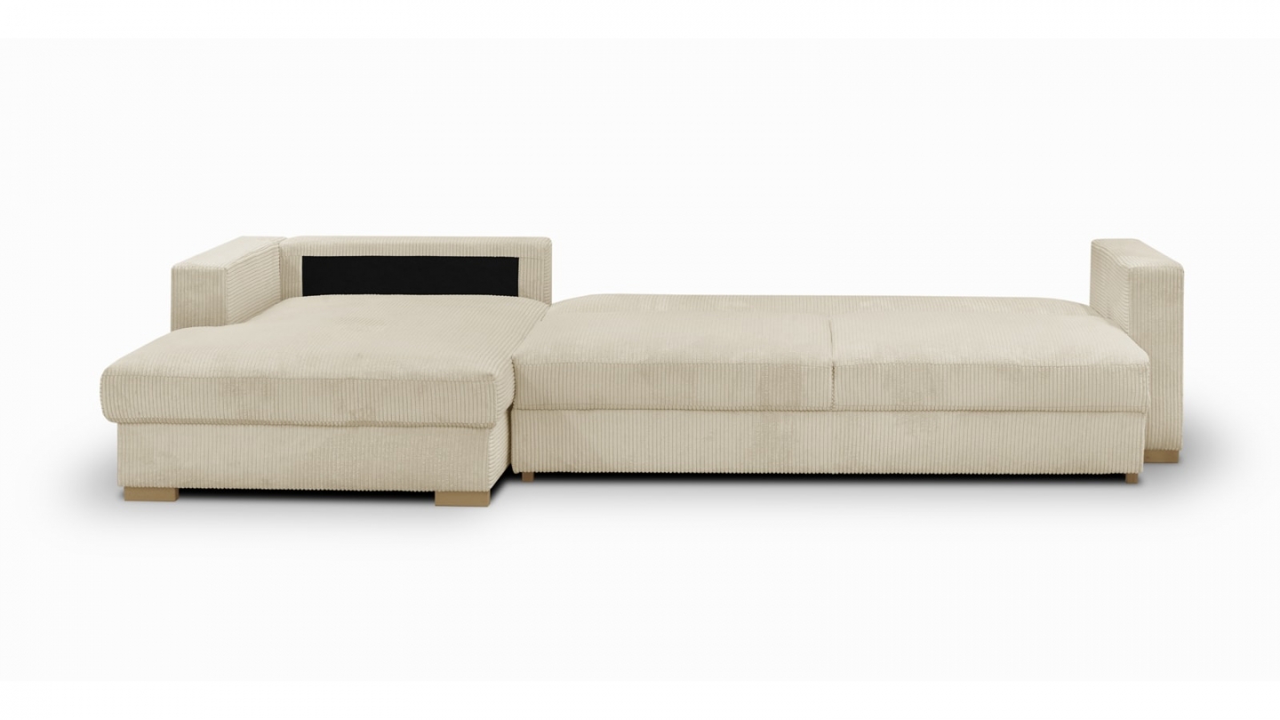 Canapé d'angle gauche convertible 5 places en velours côtelé beige avec coffre de rangement - Collection Robin