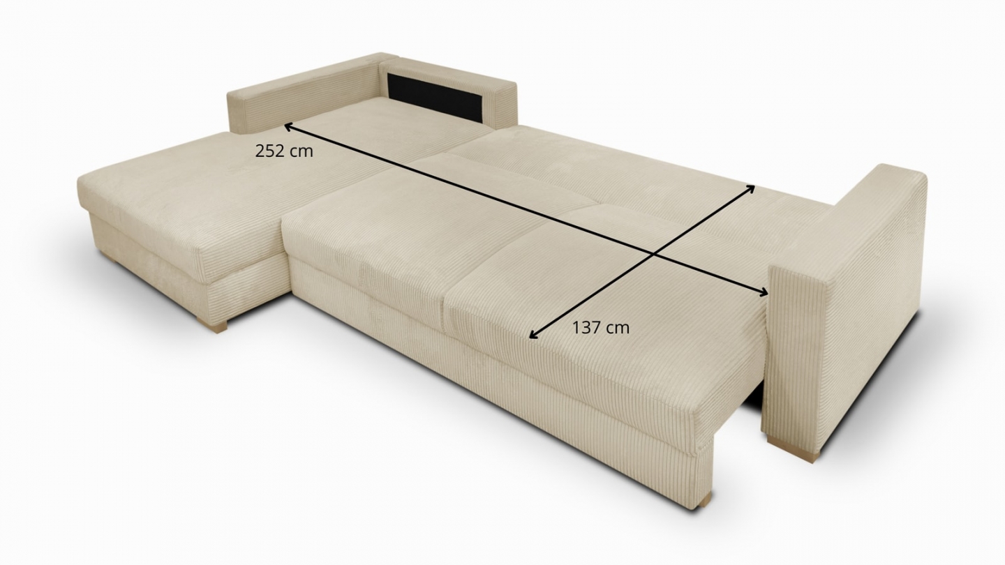 Canapé d'angle gauche convertible 5 places en velours côtelé beige avec coffre de rangement - Collection Robin