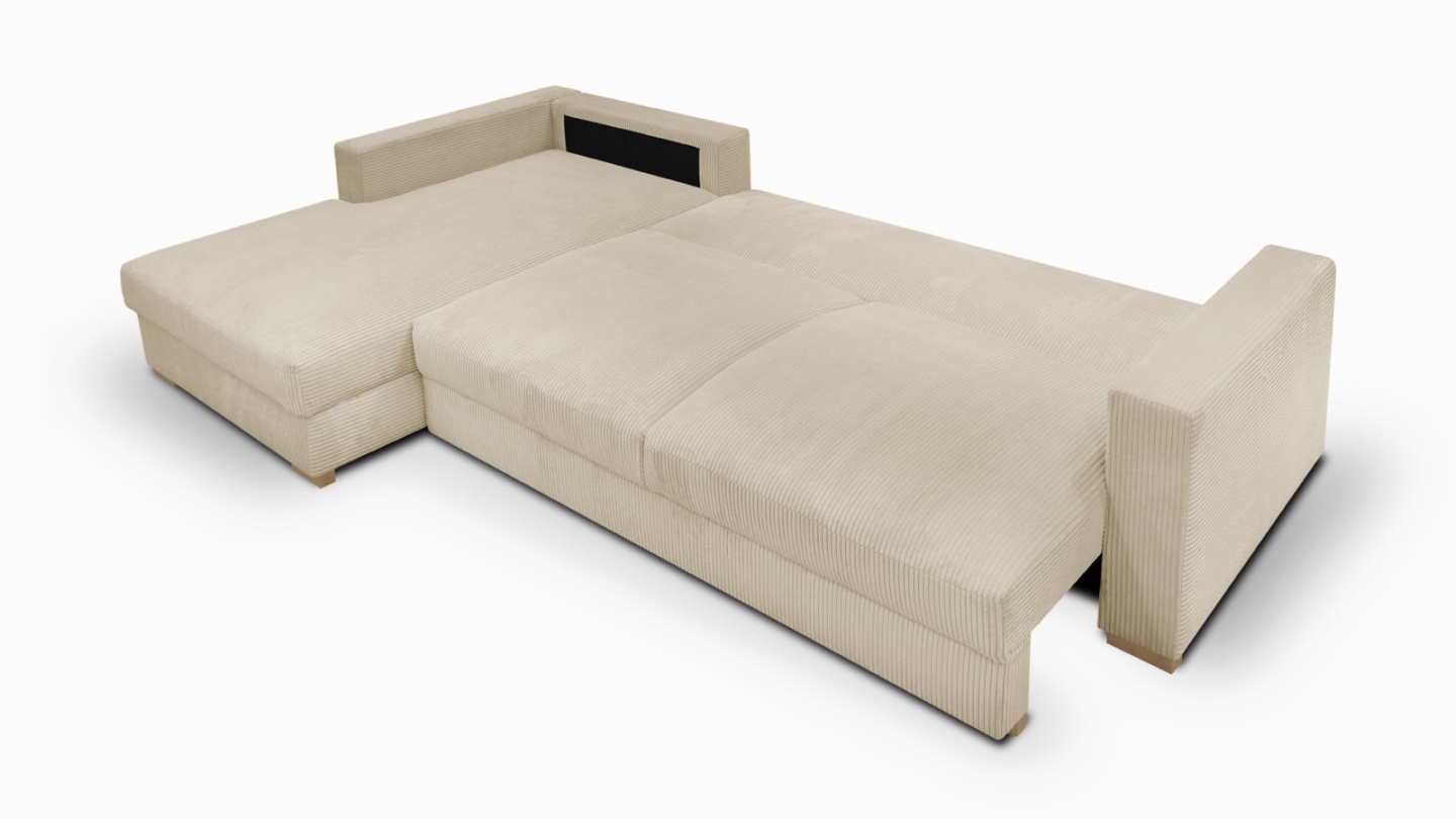 Canapé d'angle gauche convertible 5 places en velours côtelé beige avec coffre de rangement - Collection Robin