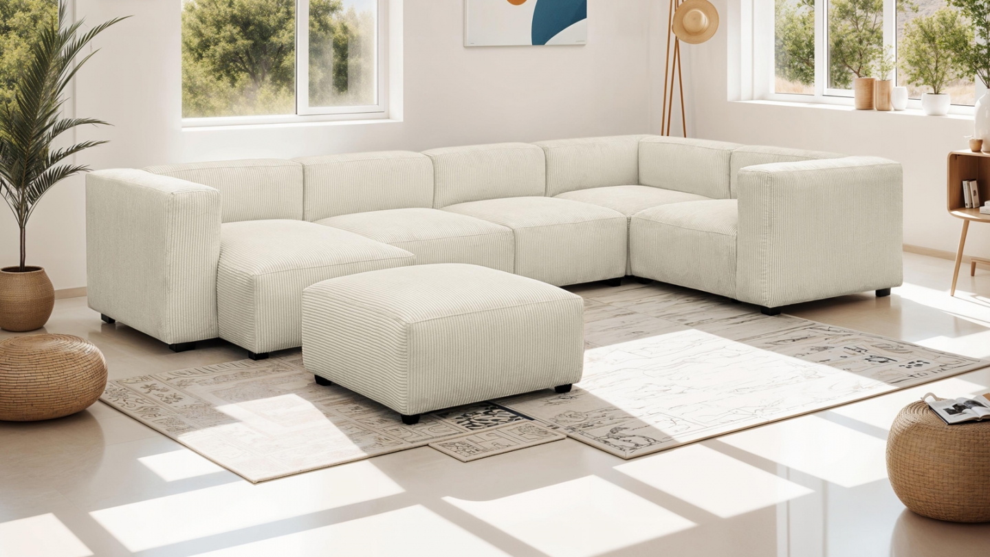 Canapé modulable panoramique 6 places avec méridienne à gauche + pouf en velours côtelé beige - Modulo